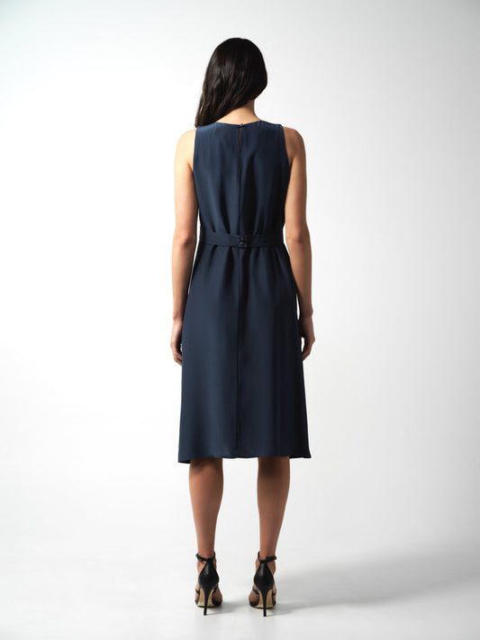 French Navy Silk Shift Dress With Harness