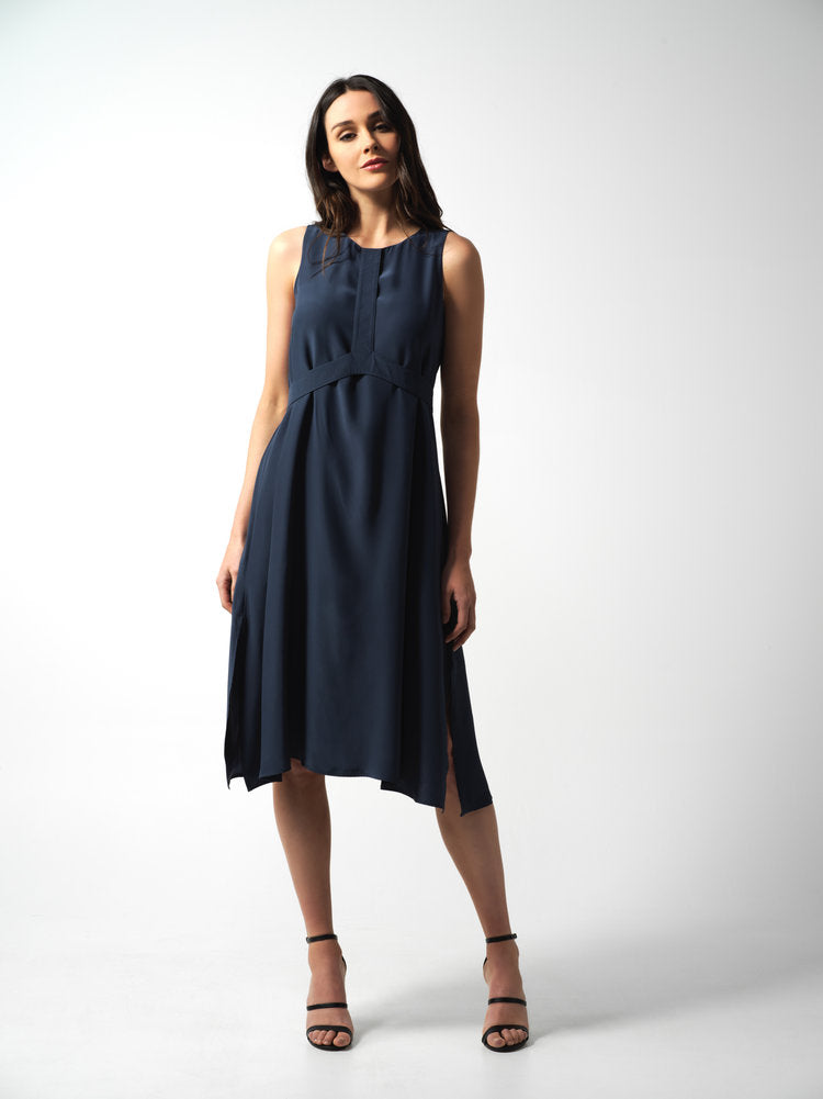 French Navy Silk Shift Dress With Harness